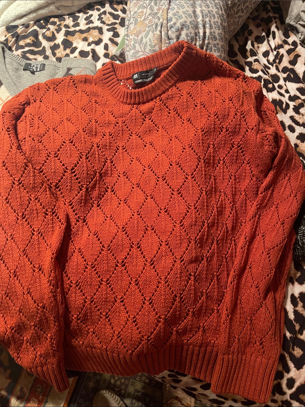 Men's Rust Orange Diamond-Knit Crewneck Sweater